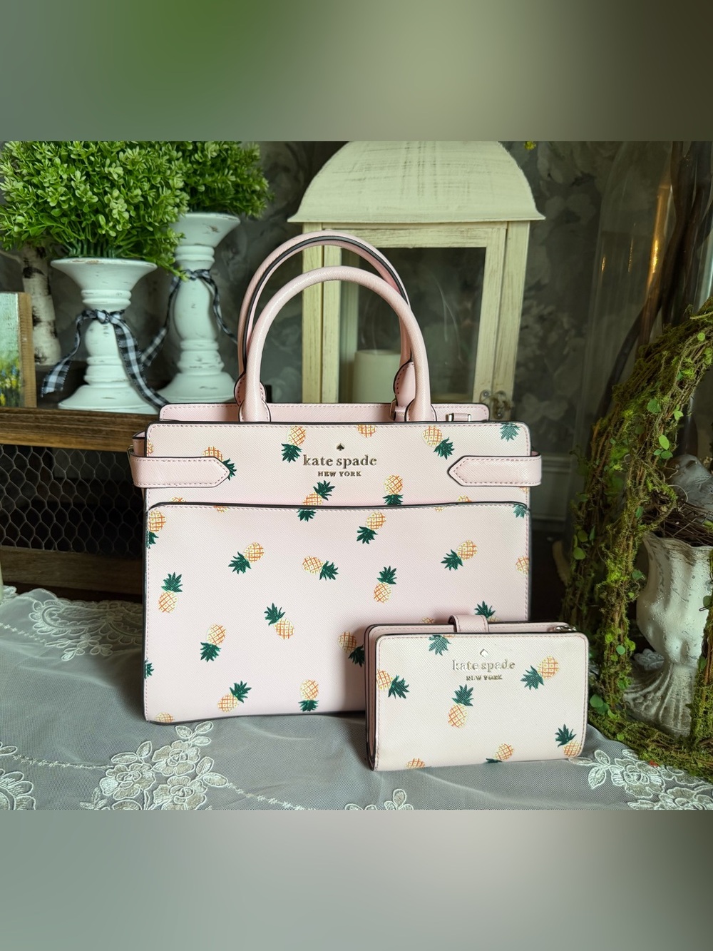kate spade Pink Pineapple Print Satchel Handbag Purse and Wallet Set